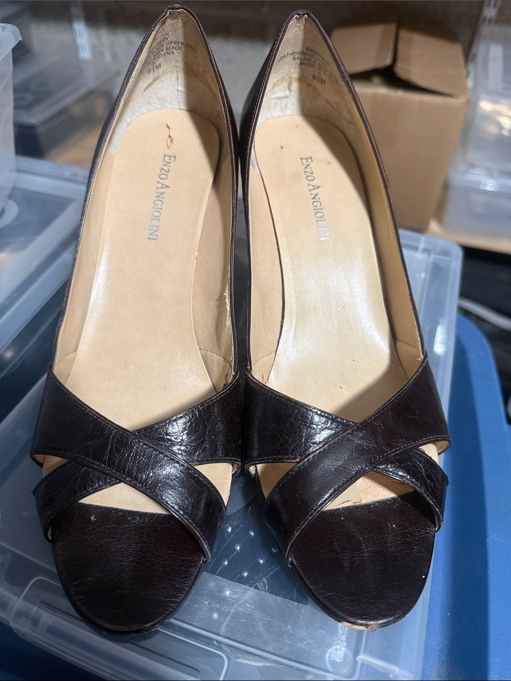 Enzo Angiolini Dark Brown Leather Crisscross Peep-Toe Heels